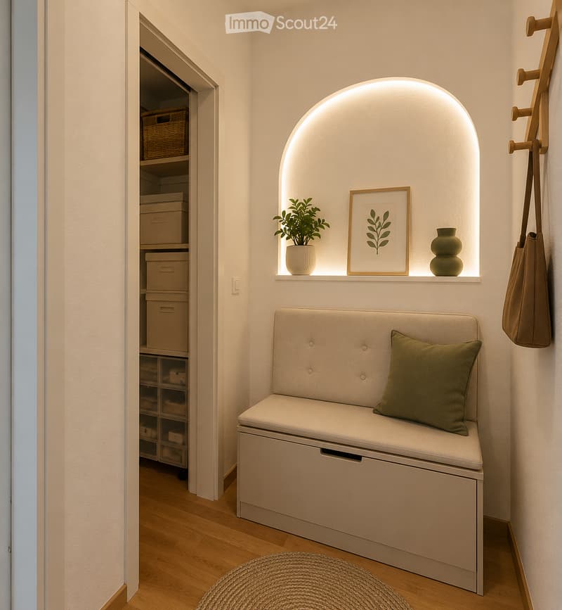 A small, modern hallway or entryway with a built-in bench, a decorative shelf with a plant, picture frame, and vase, and an open closet with storage boxes.
