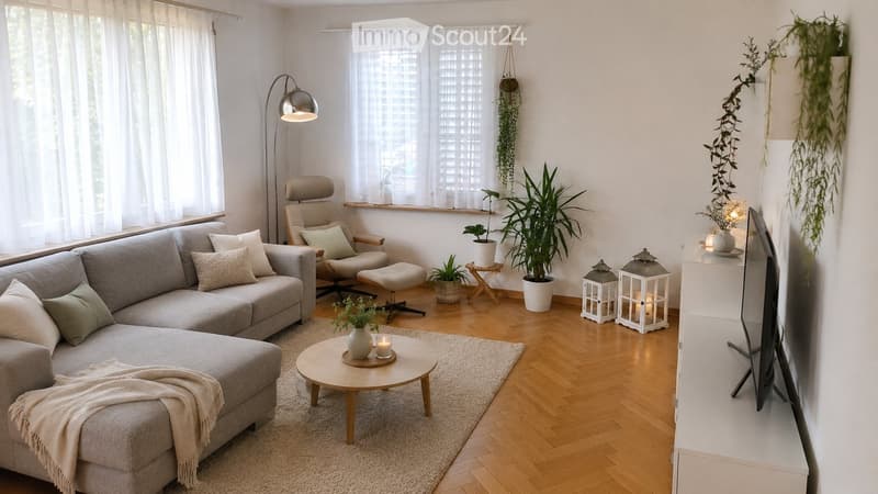 Modern living room with grey sectional sofa, wooden coffee table, armchair, TV stand, and decorative plants.