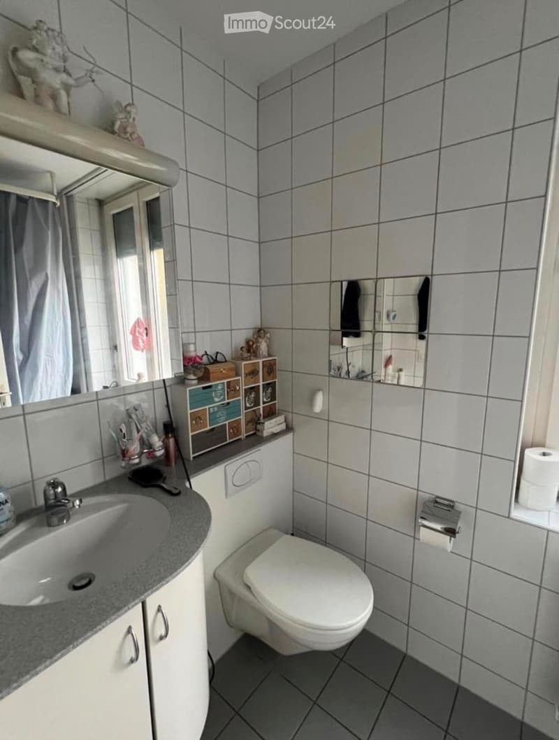 A small bathroom with grey tiled walls and floor, featuring a white toilet, a sink with a modern faucet, a mirror above the sink, and a small cabinet with decorative items on top.