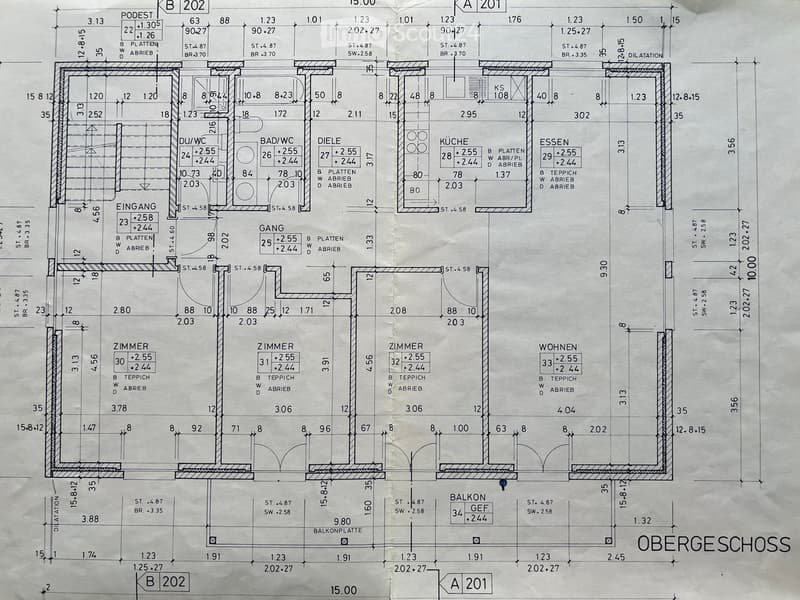 Floor plan of a two-story house with labeled rooms including entrance, kitchen, dining area, bathrooms, bedrooms, living area, and balcony.