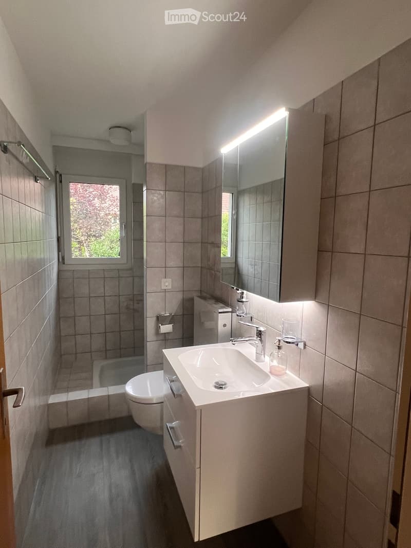 Modern bathroom with a white sink, chrome faucet, large mirror with built-in lighting, toilet, and a small window showing greenery outside.
