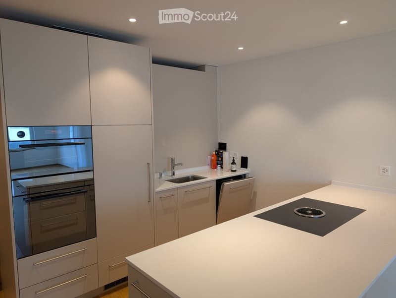 Modern kitchen with white cabinets, stainless steel appliances, and a white countertop.