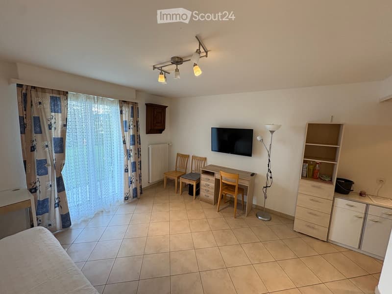 A furnished room with a bed, desk, chairs, television, floor lamp, and cabinet. The room has tiled flooring and a window with curtains.