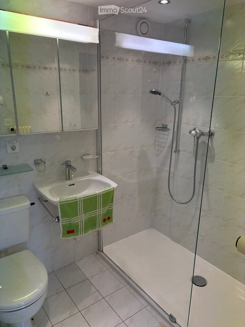 Modern bathroom with white tiles, a glass-enclosed shower, a toilet, a sink with a green towel, and a mirror cabinet.