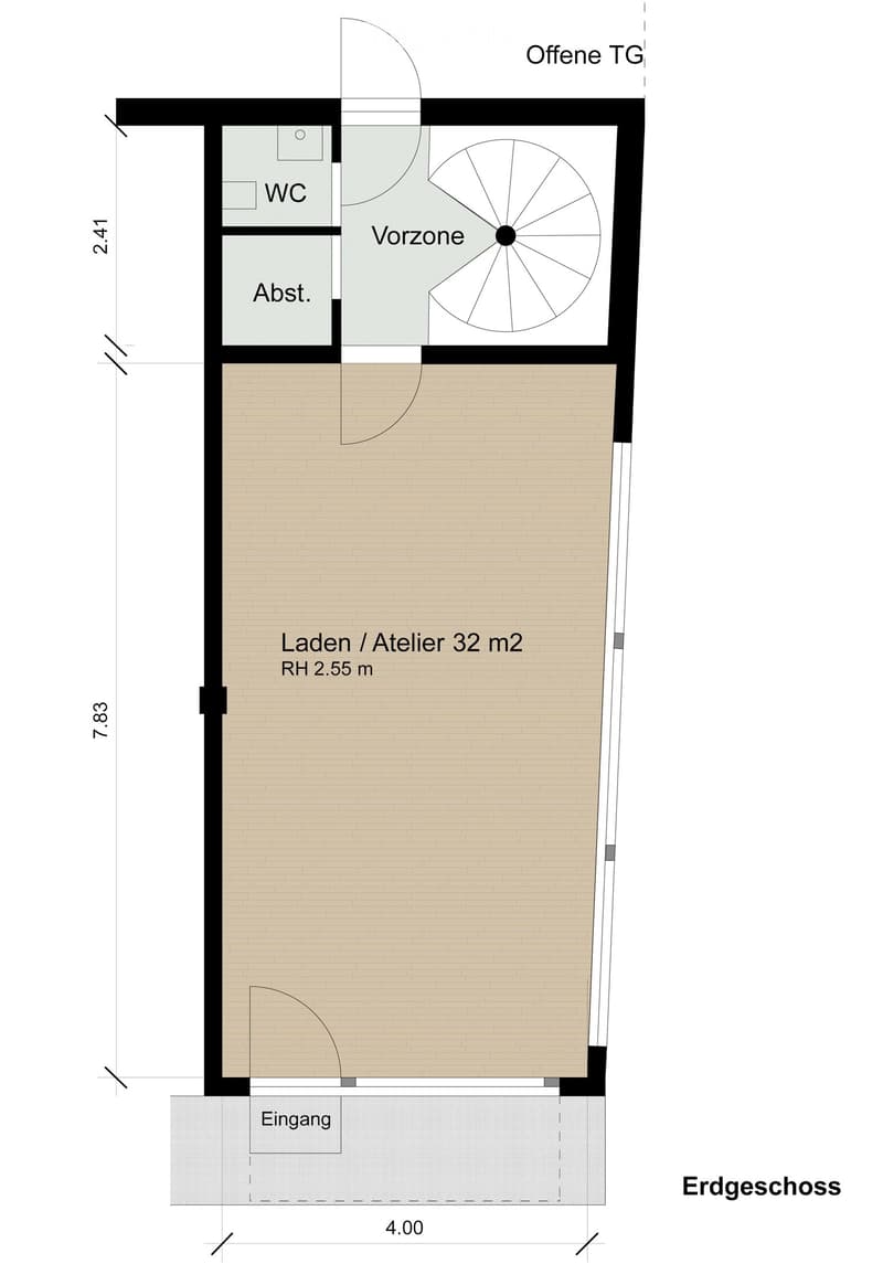Layout of a ground floor showing a shop/studio area (32 m²), entrance, hallway, WC, and storage area.