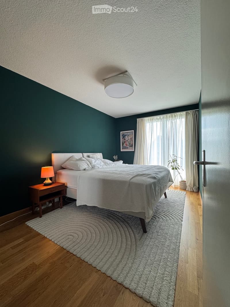 Modern bedroom with a large bed, nightstand with lamp, round rug, and a plant near the window.