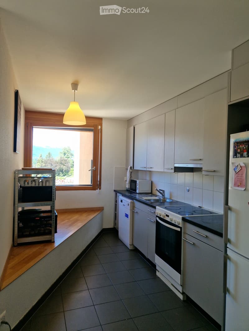Modern kitchen with white cabinets, stainless steel appliances, and a large window offering a scenic view.