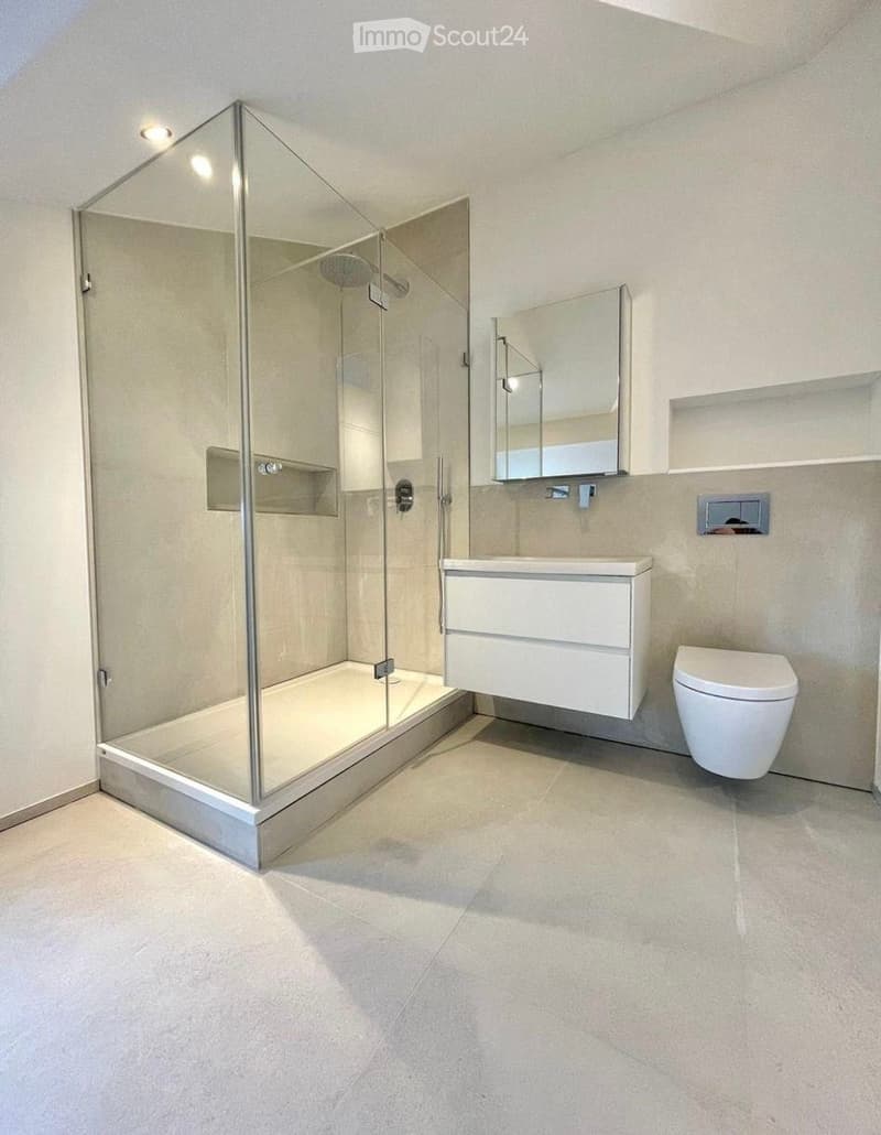 Modern bathroom with a glass-enclosed shower, white toilet, sink with a mirrored cabinet, and sleek tiled flooring.