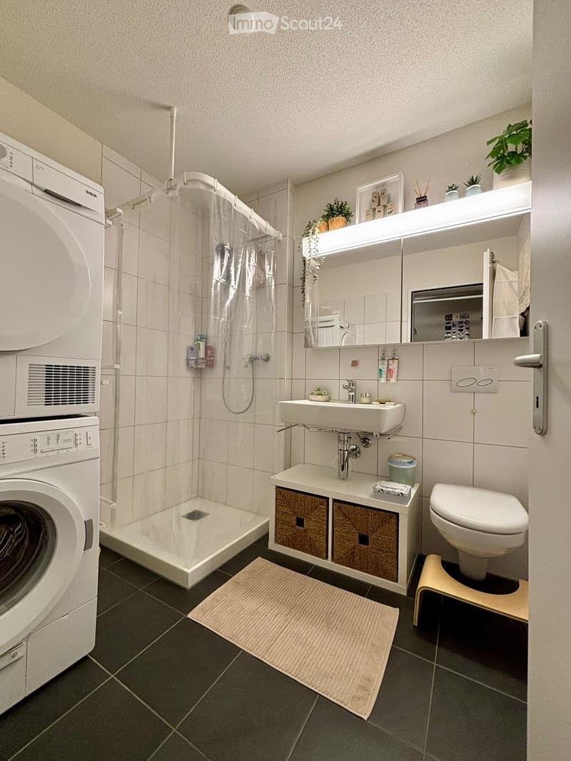 Modern bathroom with a white sink, toilet, washing machine, shower, mirror, and small storage cabinet. Includes a small stool next to the toilet and a plant on the windowsill.