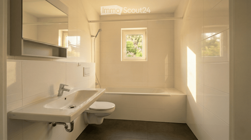 Modern bathroom with white tiles, a sink, toilet, bathtub, and a large mirror with built-in storage. Natural light streams in from a window.
