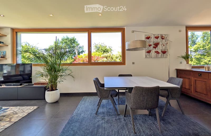 Modern dining area with a sleek dining table, four chairs, a large potted plant, a television on a stand, and a wooden cabinet with a countertop.