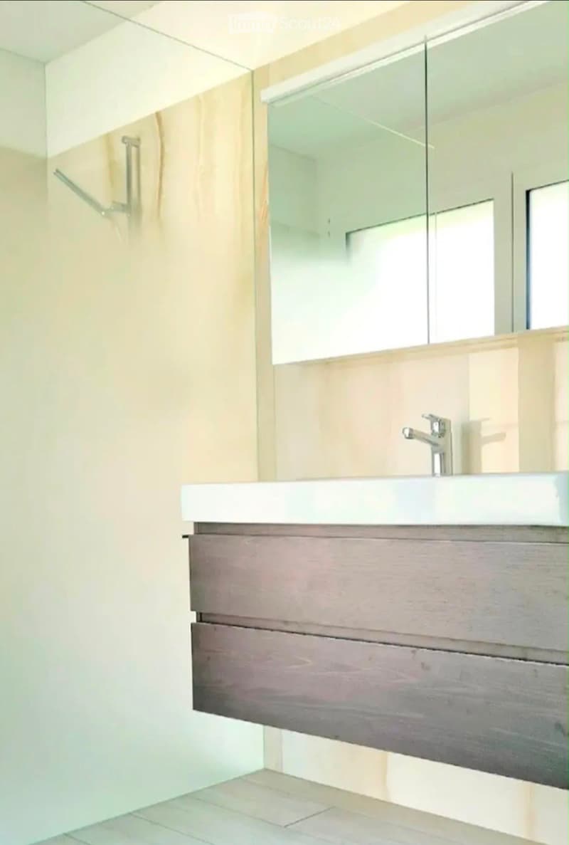 Modern bathroom with a white sink, sleek faucet, mirrored cabinet, and wooden storage cabinet.
