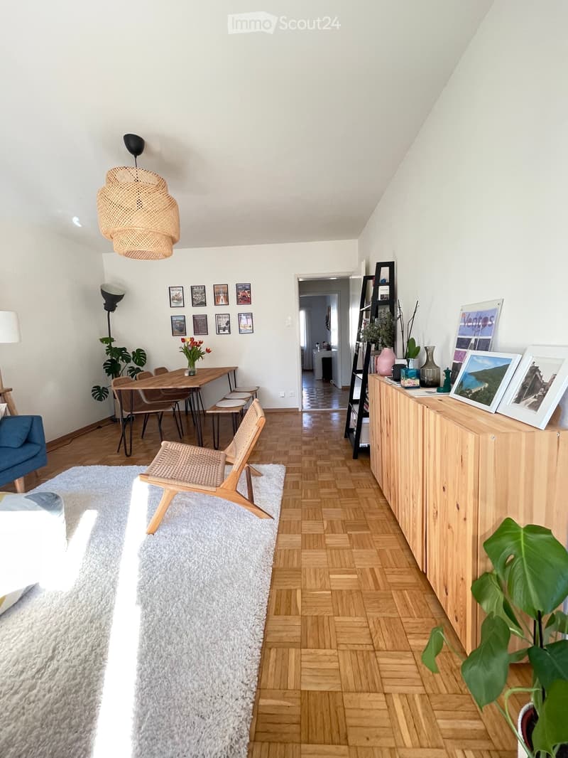 A modern living room with wooden flooring, a blue sofa, a wicker chair, a dining table with chairs, a pendant light, a floor lamp, a shelf with picture frames, and a plant.