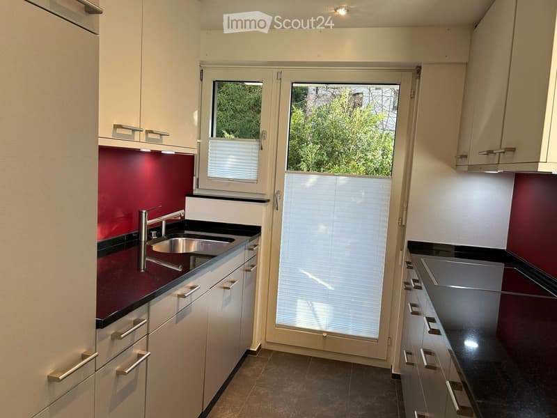 Modern kitchen with white cabinets, red accent wall, stainless steel sink, and large window with blinds.