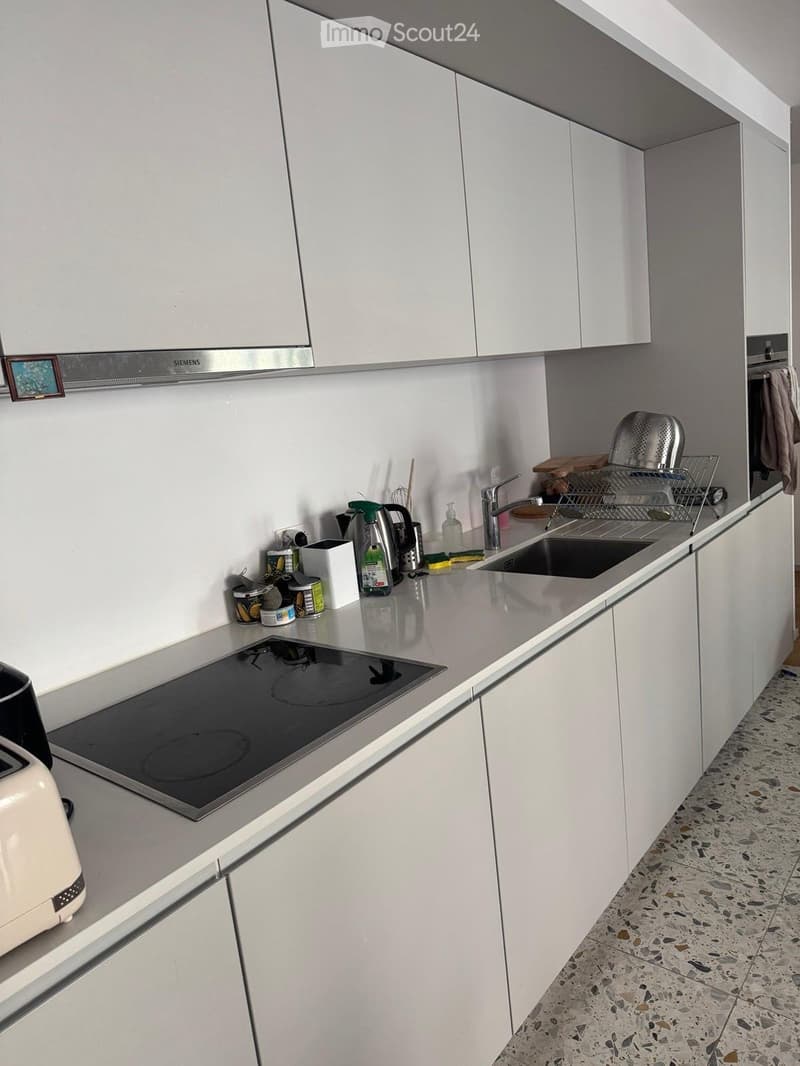 Modern kitchen with white cabinets, induction stove, sink, and various appliances on the countertop.
