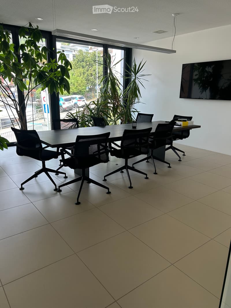 Modern conference room with a large table, several chairs, and a screen on the wall. Large windows with plants visible outside.