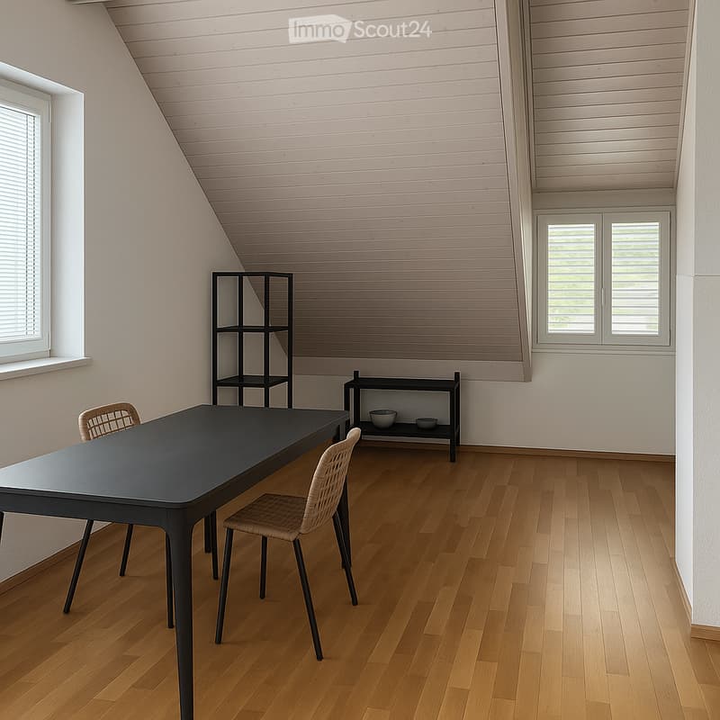 Modern dining area with a black table, two wicker chairs, and a small black shelf holding bowls. The room features wooden flooring and large windows with blinds.