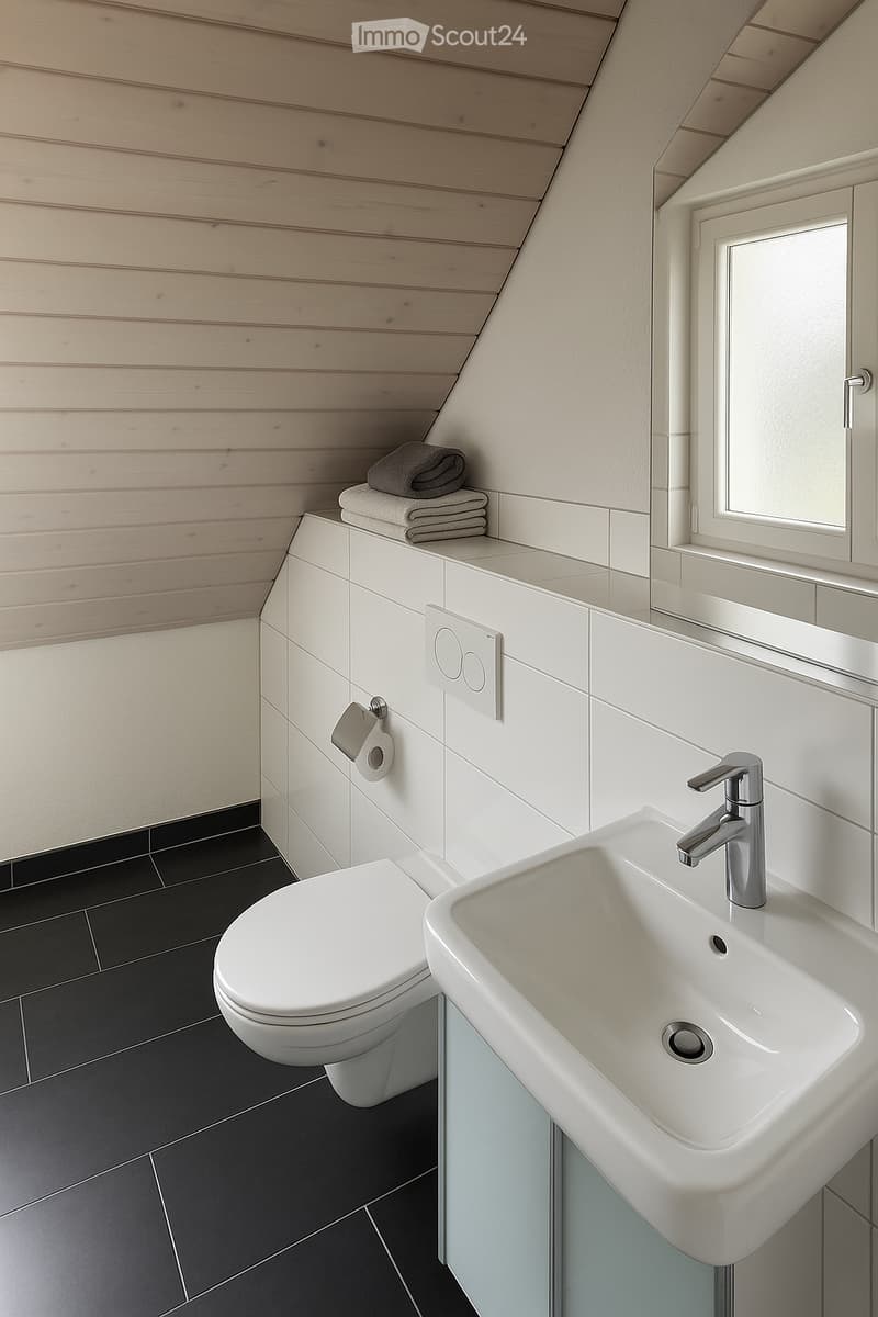 Modern bathroom with white tiles, a toilet, a sink with a chrome faucet, and neatly folded towels on the counter.