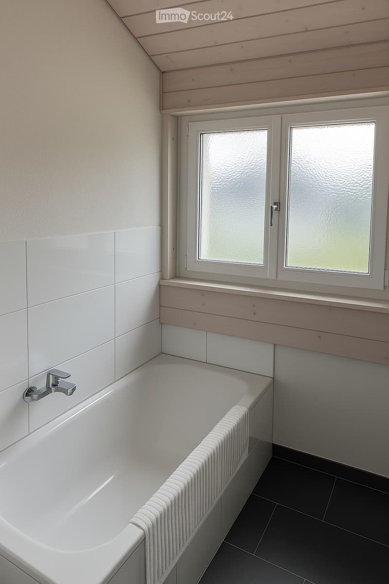 Modern bathroom with a white bathtub, a towel draped over the edge, a chrome faucet, and a window with frosted glass panes above a wooden shelf.