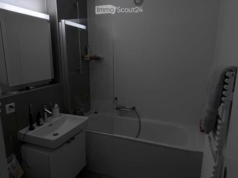 Modern bathroom with a white sink, mirror, bathtub, and radiator. The sink has a faucet, toothbrush, toothpaste, and a bottle on the counter. A towel hangs on the radiator.
