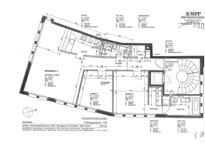 Floor plan of a residential unit on the second floor, showing rooms including kitchen, living/dining area, two bedrooms, bathroom, entrance, and hallway. Dimensions and room labels are provided.