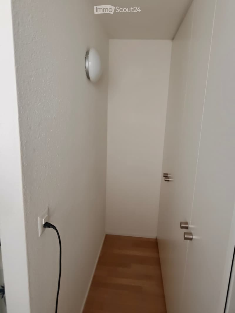 A narrow hallway with light-colored walls and a wooden floor, featuring a light fixture on the left wall and a door at the end.