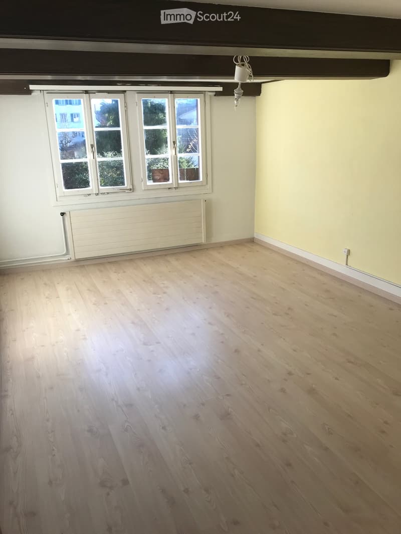 Empty room with light wooden flooring, white walls, large windows, and a radiator. No furniture or equipment present.