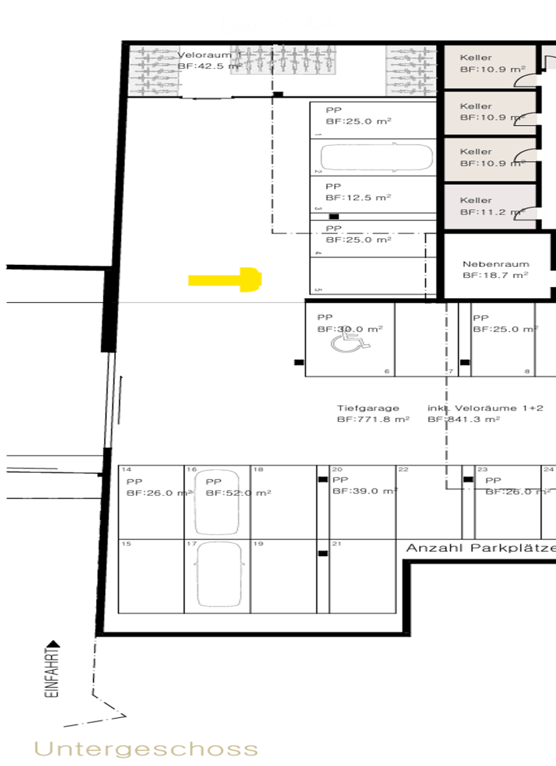 Floor plan of a basement level showing various rooms and areas including storage spaces, a wheelchair-accessible area, and parking spaces.