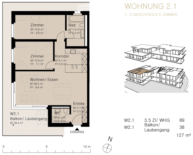 Floor plan of a 3.5-room apartment on the first floor, including living/dining area, two bedrooms, bathroom, WC, and balcony.