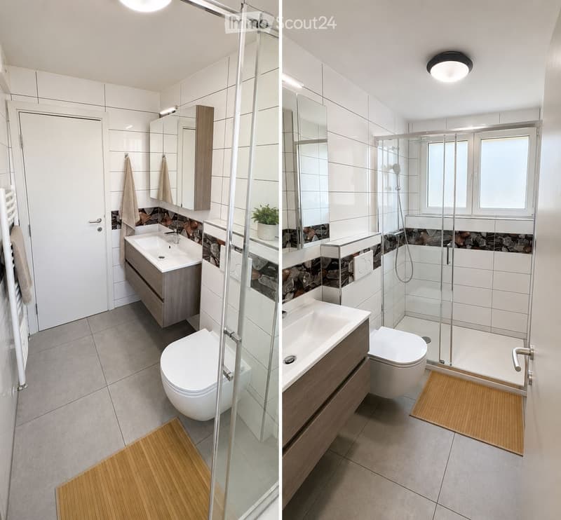 Modern bathroom with white tiles, a glass-enclosed shower, a sink with a wooden cabinet, a toilet, and a small potted plant on the sink.