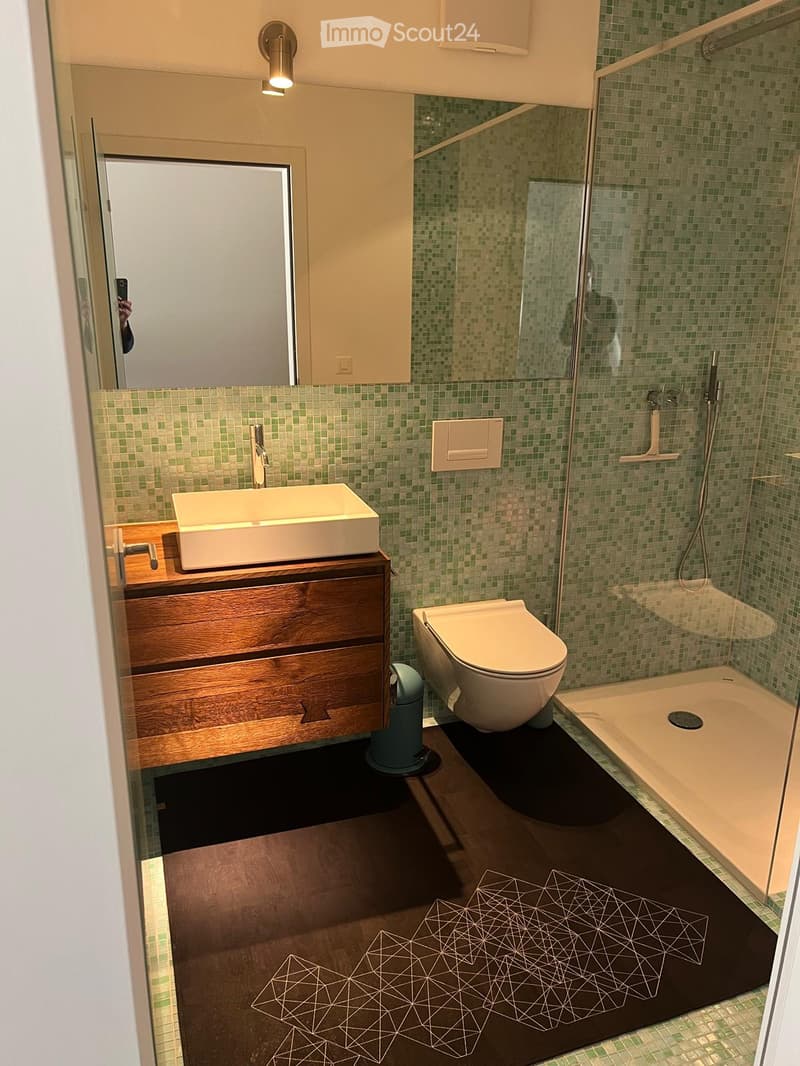 Modern bathroom with green mosaic tiles, a wooden vanity with a sink, a toilet, and a glass-enclosed shower. Features a geometric patterned rug on the floor.
