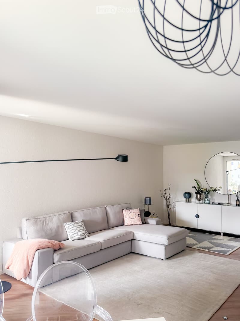 Modern living room with a grey sectional sofa, decorative pillows, a side table with a lamp, a large mirror, a white cabinet, and a patterned rug.