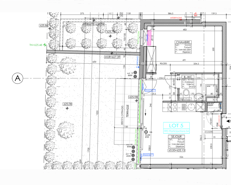 Floor plan showing a layout with labeled rooms including a bedroom, bathroom, and terrace. Dimensions and measurements are indicated throughout the plan.