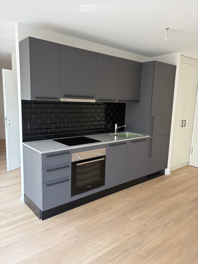 Modern kitchen with grey cabinets, a black tiled backsplash, a stainless steel oven, and a sink with a faucet.