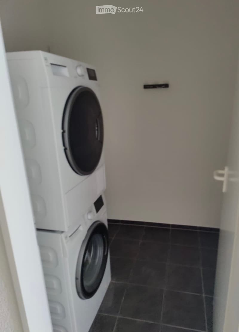 A small bathroom with a white washing machine placed against the wall, black tiled floor, and a partially visible door frame.