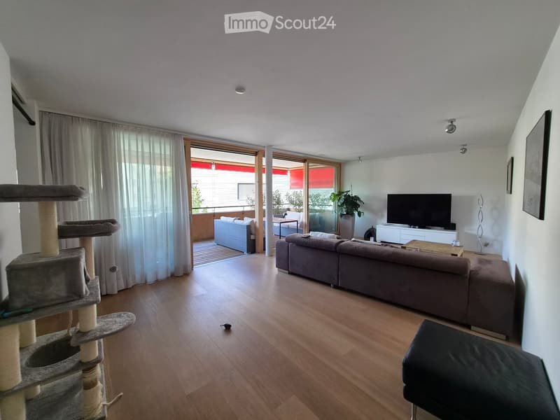 Modern living room with wooden flooring, large windows, and a balcony. Features a grey sectional sofa, coffee table, TV, cat tree, and a small seating area on the balcony.