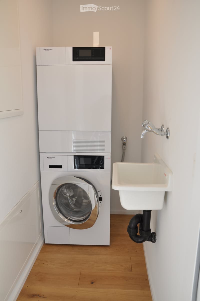Modern bathroom with a white washing machine, a white sink, and a chrome faucet.