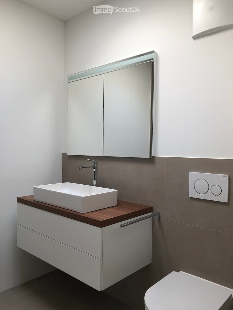 Modern bathroom with a white sink, wooden countertop, mirrored cabinet, and sleek faucet.