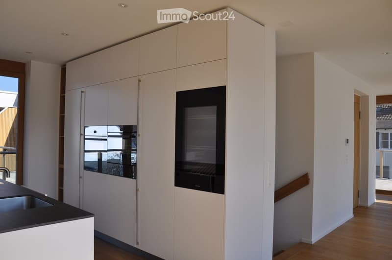 Modern kitchen with white cabinets, a built-in oven, and a black countertop sink.