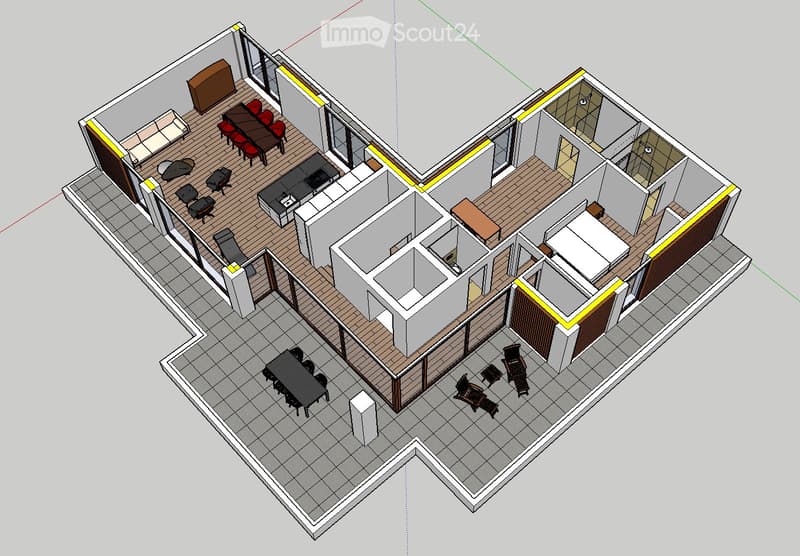 3D floor plan of a modern house with a living room, dining area, kitchen, bedrooms, bathrooms, and a terrace.