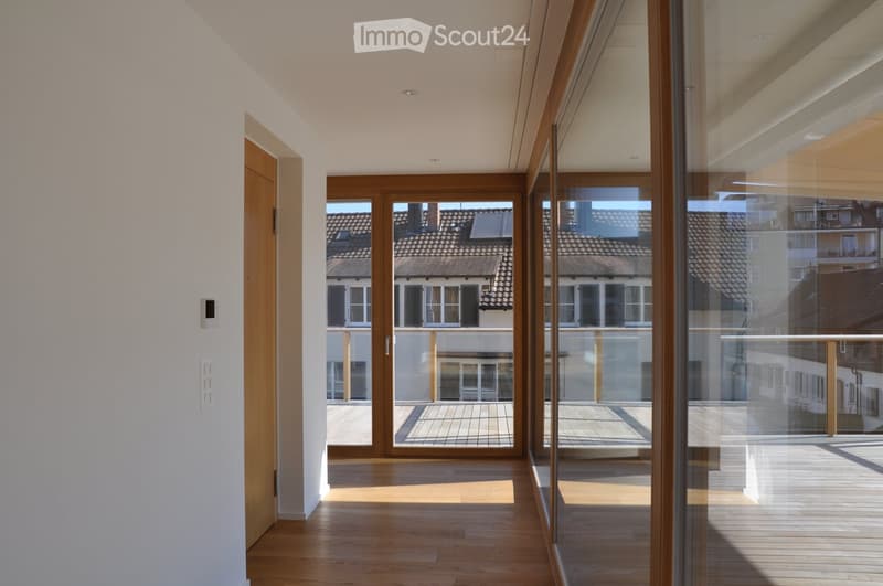 Bright hallway with wooden flooring, large glass doors leading to a balcony, and a view of neighboring buildings.
