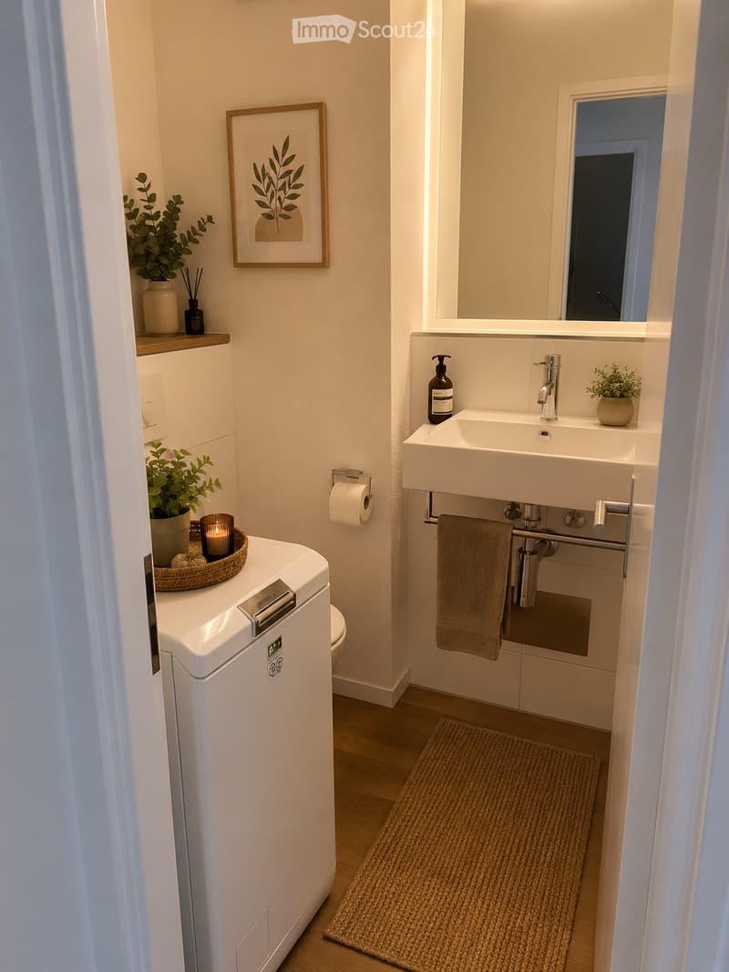 Modern bathroom with white walls, wooden floor, sink, mirror, towel, toilet, and decorative plants.