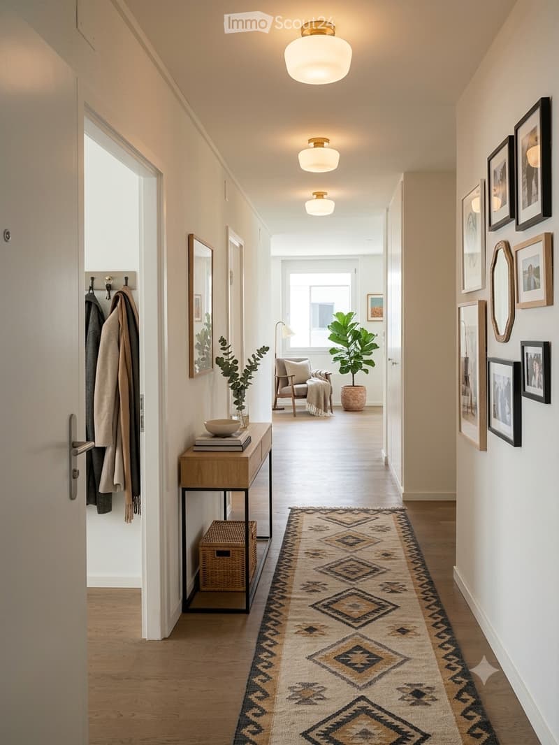 A modern hallway with wooden flooring, a patterned runner, wall-mounted lighting, and framed artwork. A small console table with a plant and books is visible, along with a coat rack holding jackets.