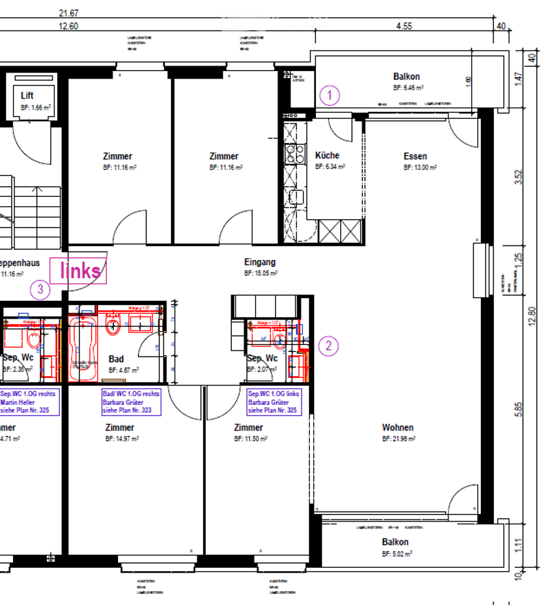Floor plan of a 2-story apartment with living room, kitchen, dining area, 3 bedrooms, 2 bathrooms, and two balconies.
