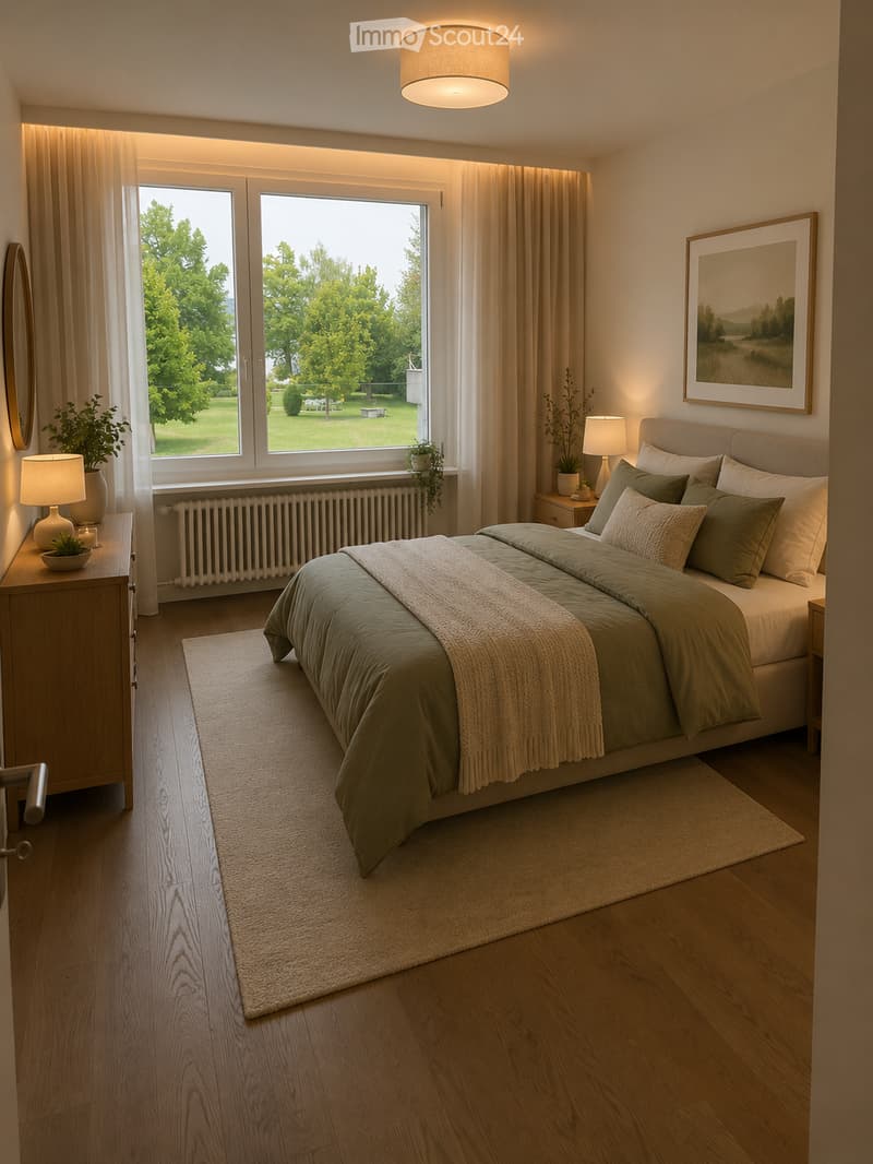 Well-lit bedroom with a large window overlooking a green lawn, featuring a neatly made bed with green bedding, a nightstand with a lamp, a mirror, and a picture frame on the wall.
