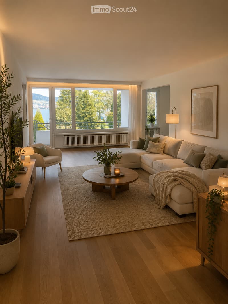 Modern living room with large windows offering a scenic view, featuring a sectional sofa, coffee table, armchair, floor lamp, and decorative plants.