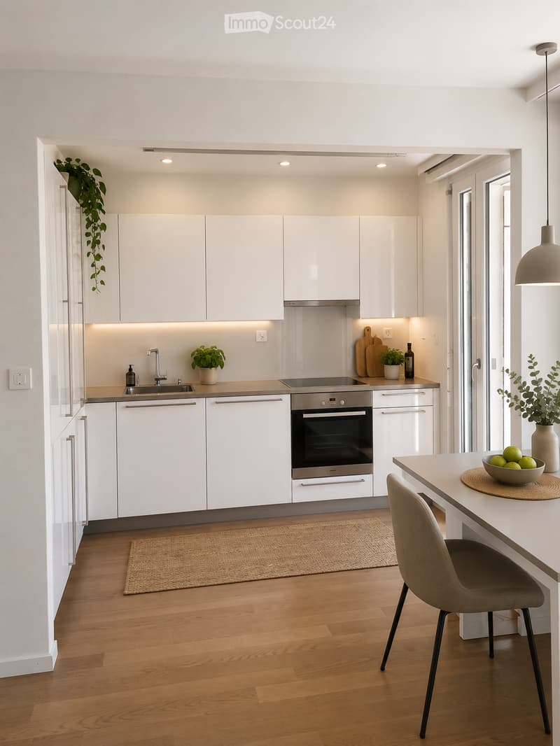 Modern kitchen with white cabinets, stainless steel appliances, wooden flooring, and a small dining area with a chair and table.