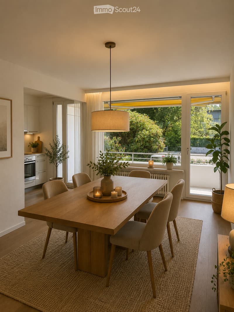 Modern dining room with a wooden dining table, six chairs, a vase with greenery, candles, and a pendant light. The room features large windows with a view of greenery, a kitchen area with cabinets and an oven, and potted plants.