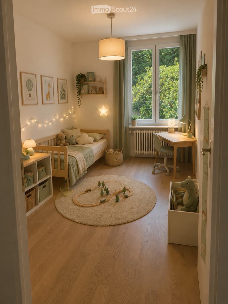 Cozy children's bedroom with a wooden bed, desk, chair, toy train set on a round rug, shelves with books and toys, and framed artwork on the walls.