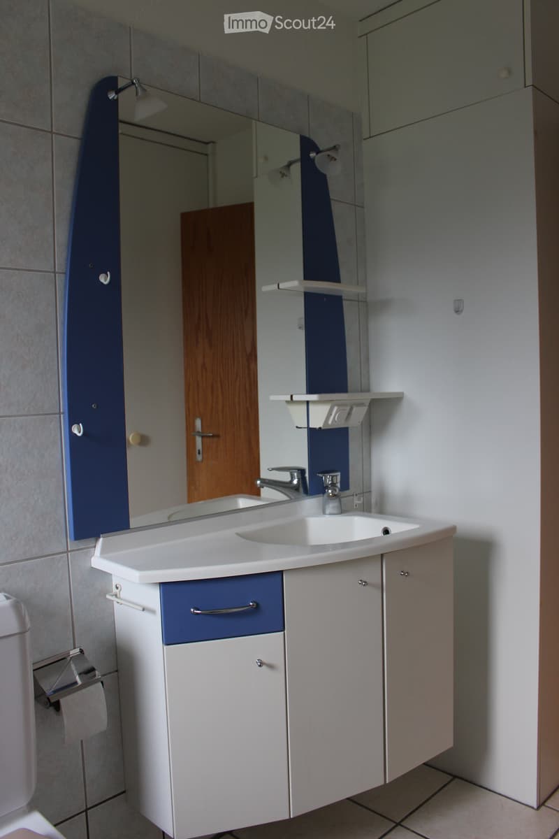 Modern bathroom with a white and blue vanity unit, a large mirror, and a sink with chrome fixtures.